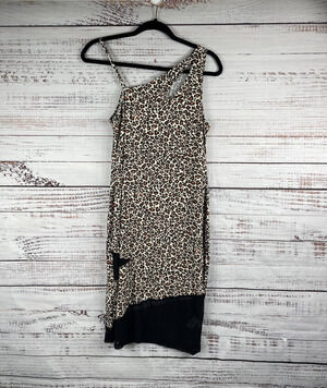 Bebe Dress Women's Large Leopard Safari Asymmetrical Animal Print One Shoulder